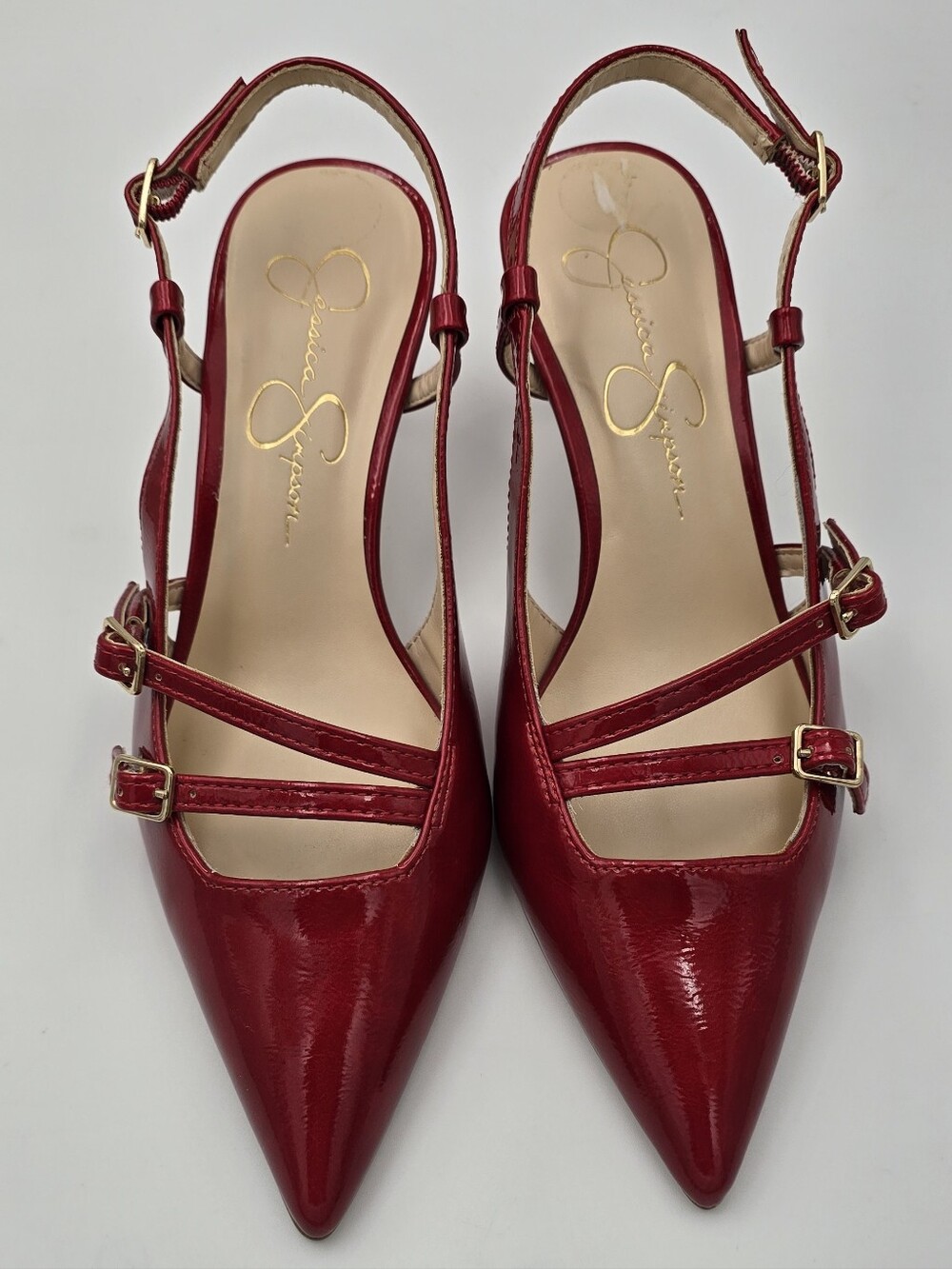 Jessica Simpson Red Patent Pointed Slingback Pumps with Double Straps